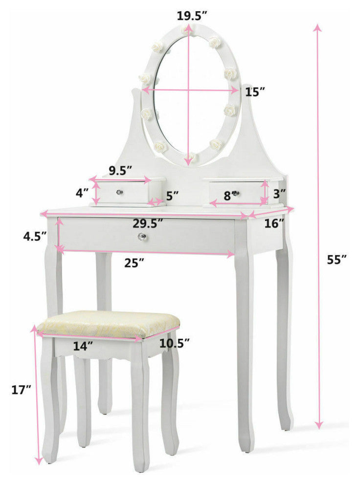 Costway 3 Drawers Bedroom Vanity Makeup Dressing Table Stool Set Lighted Mirror