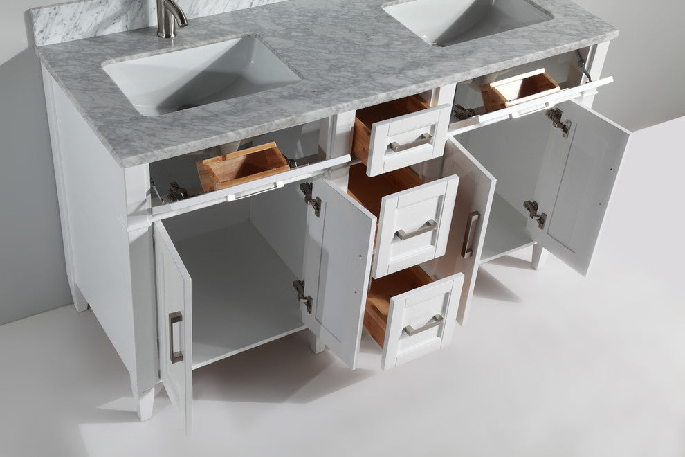 Vanity Set With Carrara Marble Top, 60", White, Led Touch-Switch Mirror