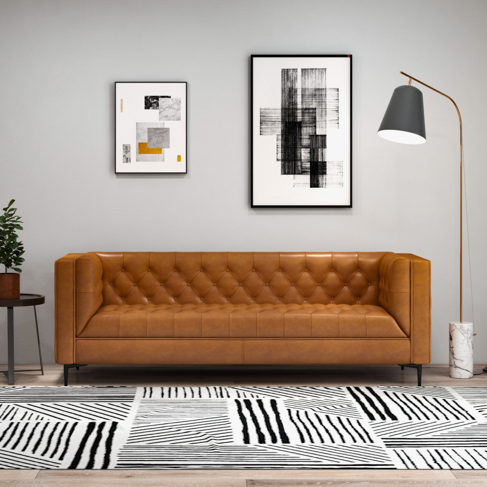 Houston Mid-Century Modern Luxury Chesterfield Genuine Leather Sofa, Cognac