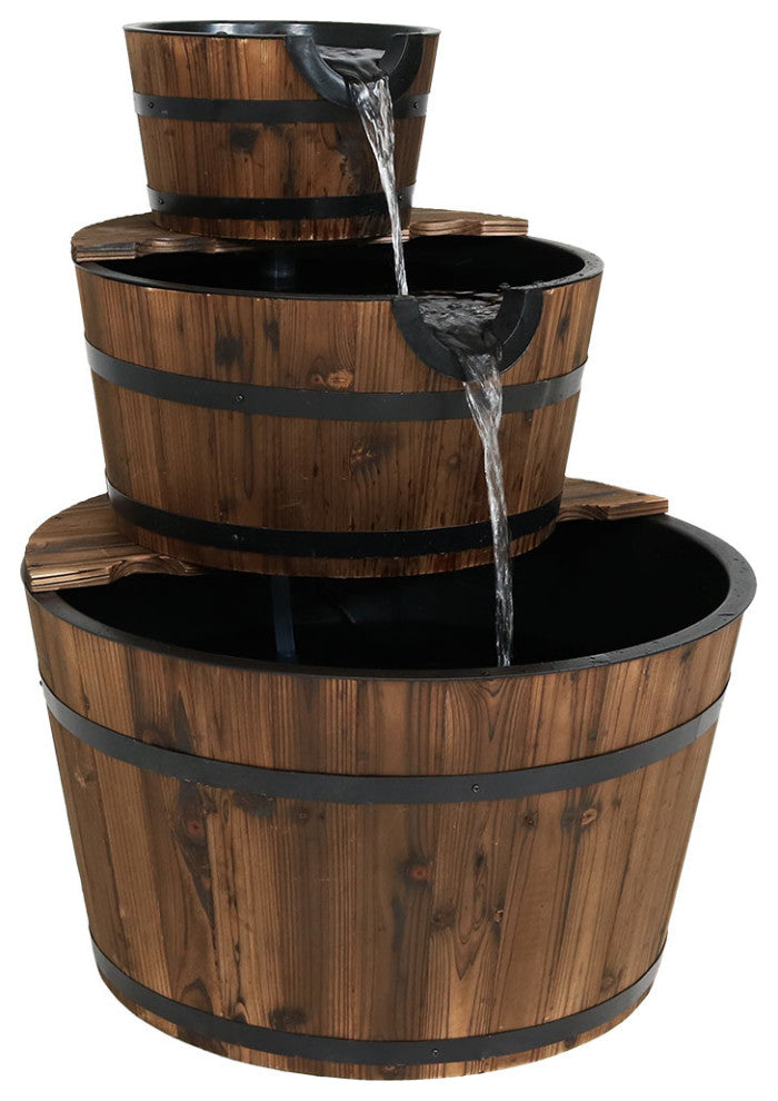 Sunnydaze Rustic 3-Tier Wood Barrel Outdoor Garden Water Fountain, 30"