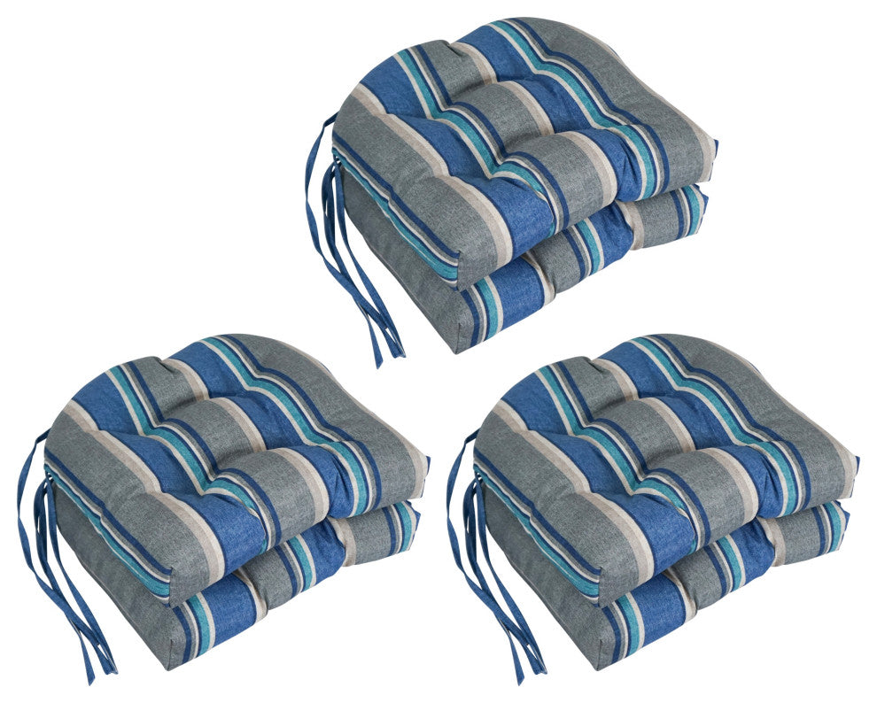16" Patterned Outdoor U-Shaped Tufted Chair Cushions, Set of 6, Sovaro Denim