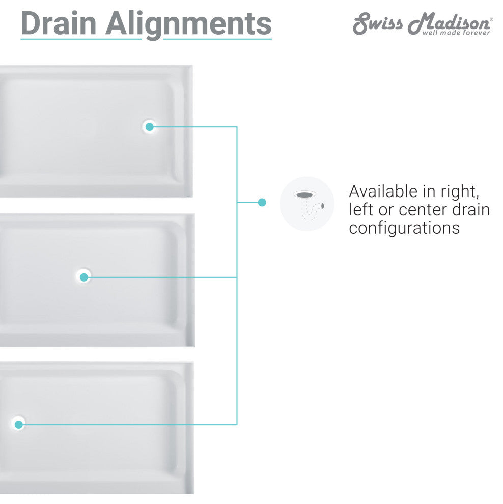 Voltaire 60"x32" Acrylic White, Single-Threshold, Center Drain, Shower Base