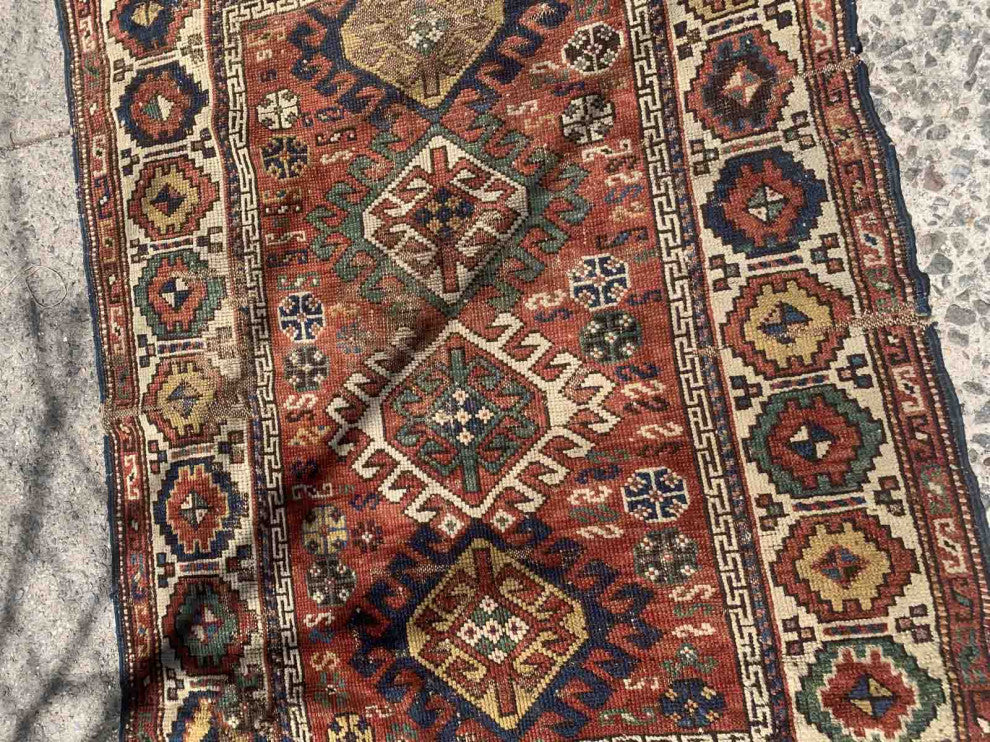 Handmade Antique Caucasian Kazak Rug 3.4'x4.4', 103cmx134cm 1880s
