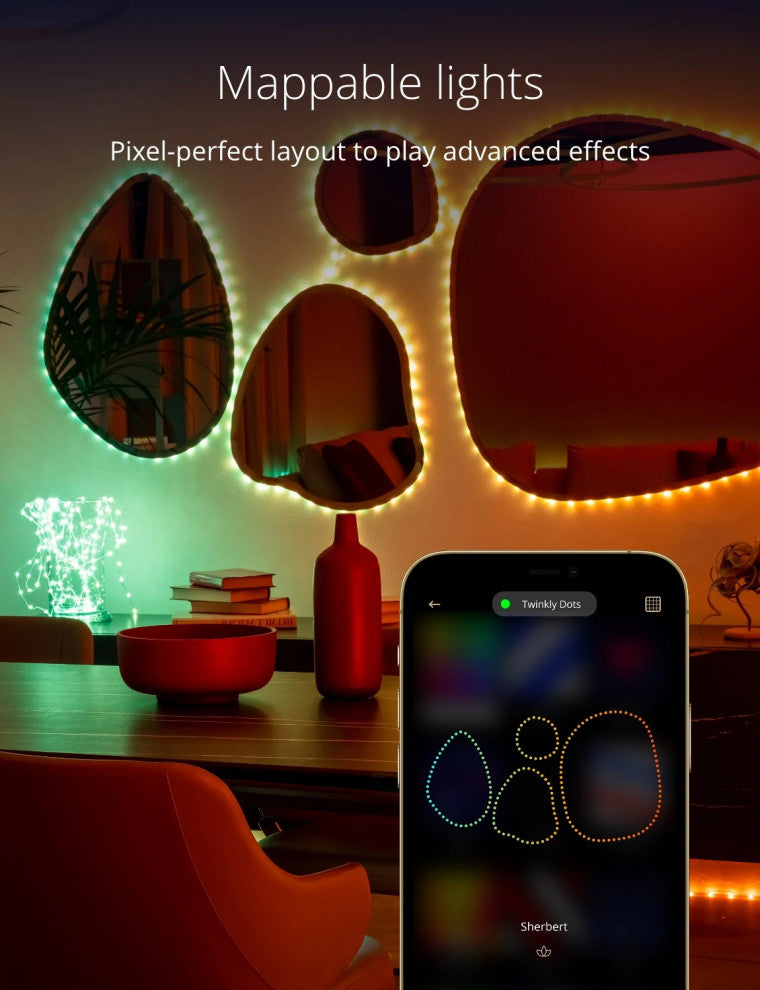 Twinkly Dots Indoor Smart Light String 60 RGB LEDs, Black Wire, Light Decor, 10'