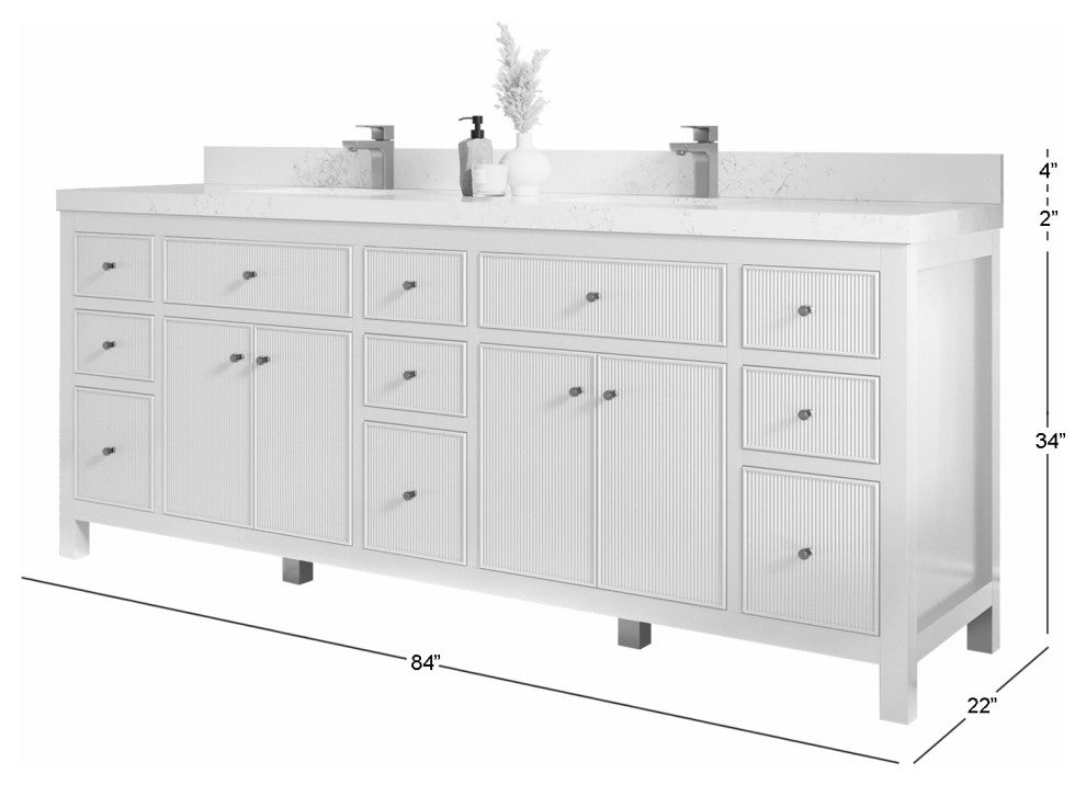 Sonoma 84" Double Sink Reeded Bath Vanity, Black Top 2" White Quartz
