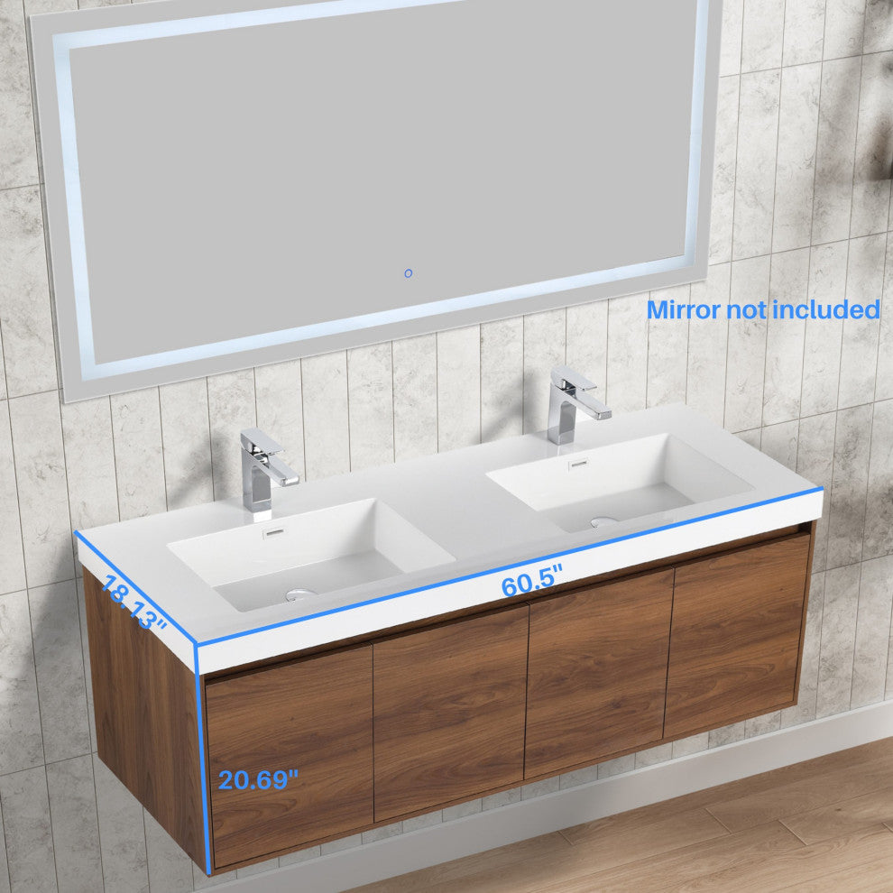 Wall Mounted Bathroom Vanity, Brown Walnut, 60'' W/ Double Sink