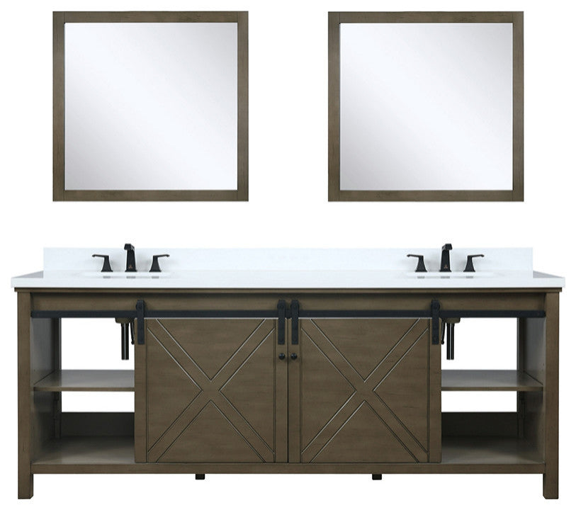 Marsyas 84" Double Vanity, White Square Sinks, 34" Mirrors, Rustic Brown