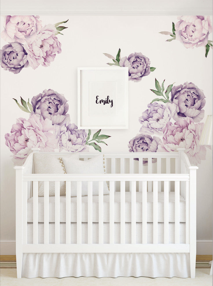Peony Flowers Vinyl Wall Sticker, Large Set, Mixed Lavender Purple