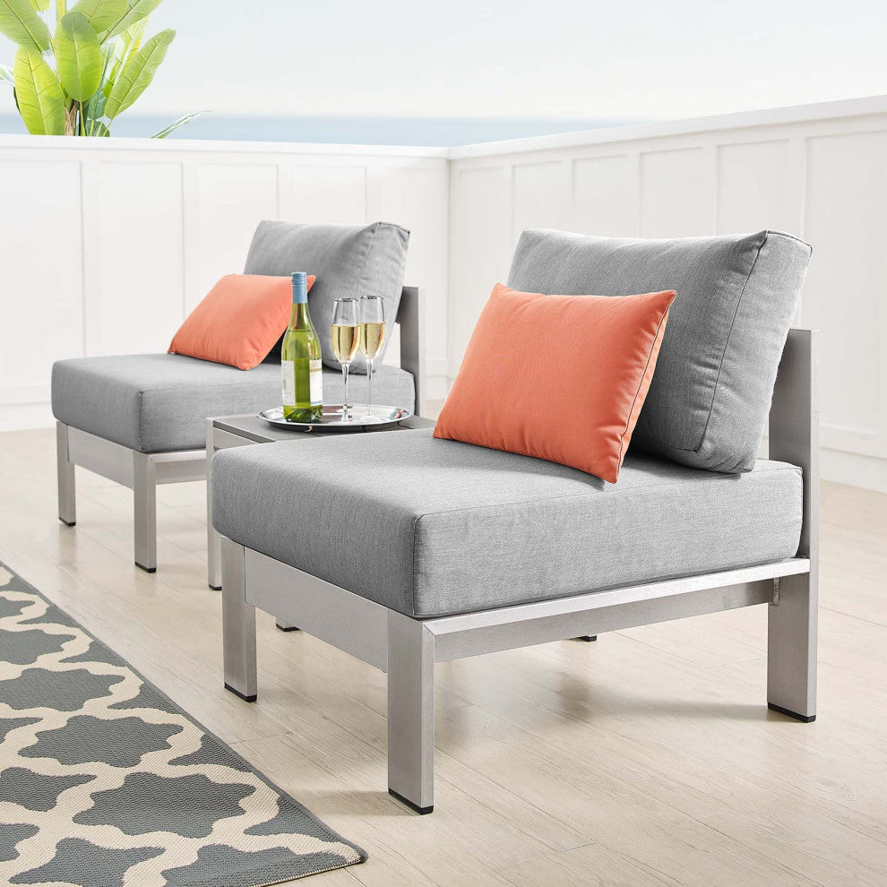 Lounge Chair Table Set, Sunbrella, Fabric, Aluminum, Silver Gray, Outdoor