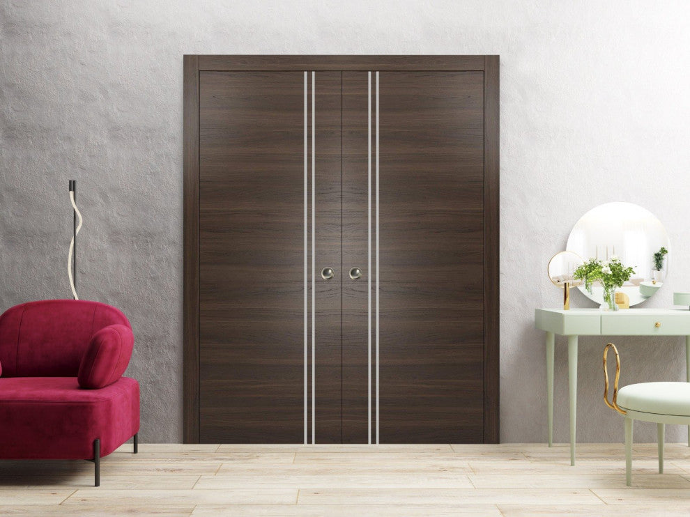 French Double Pocket Doors 48x96 | Planum 0310 Chocolate Ash | Kit Trims Rail
