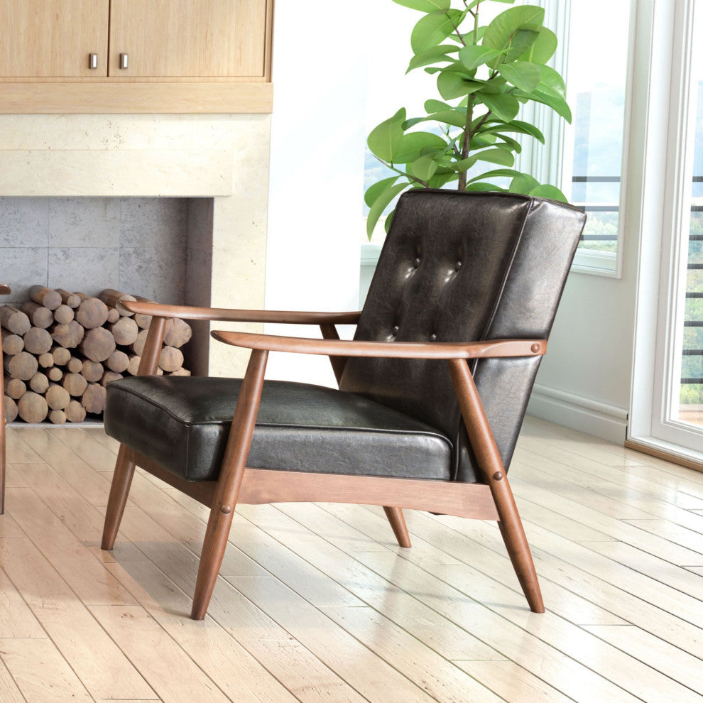 Armchair Accent Chair, Faux Vinyl Leather, Wood, Black, Walnut, Hospitality