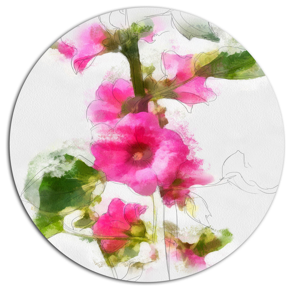 Pink Flower With Stem And Leaves, Floral Disc Metal Wall Art, 11"