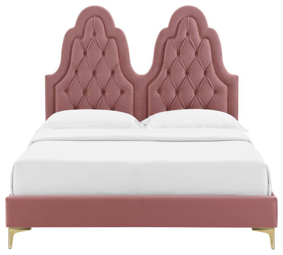 Tufted Platform Bed Frame, Full Size, Velvet, Pink, Modern Contemporary, Bedroom