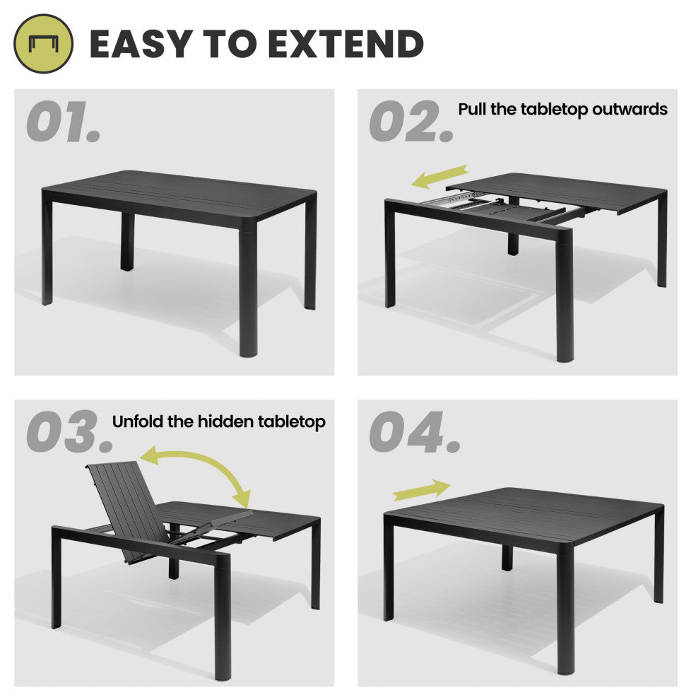 6-8 Person Expandable Aluminum Outdoor Patio Dining Table, Gray