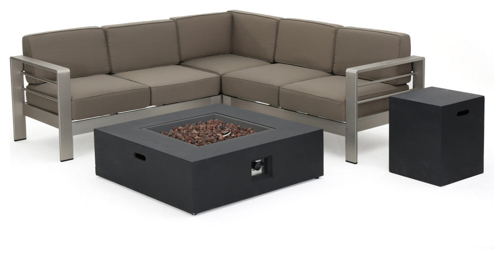 GDF Studio Crested Bay Outdoor Aluminum Framed Sofa Set With Fire Table, Dark Gray