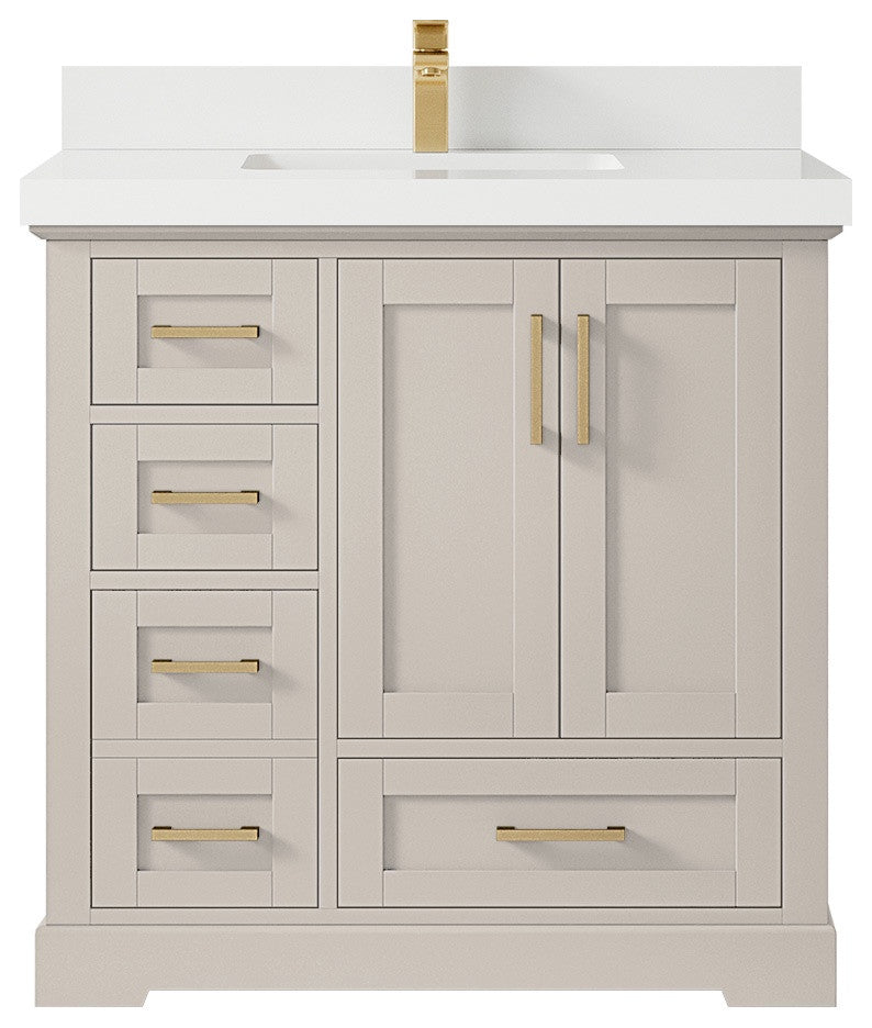 Boston 36" Center Sink Bath Vanity in Fine Grain 2" White Quartz