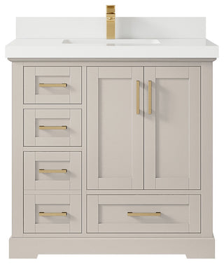 Boston 36" Center Sink Bath Vanity in Fine Grain 2" White Quartz