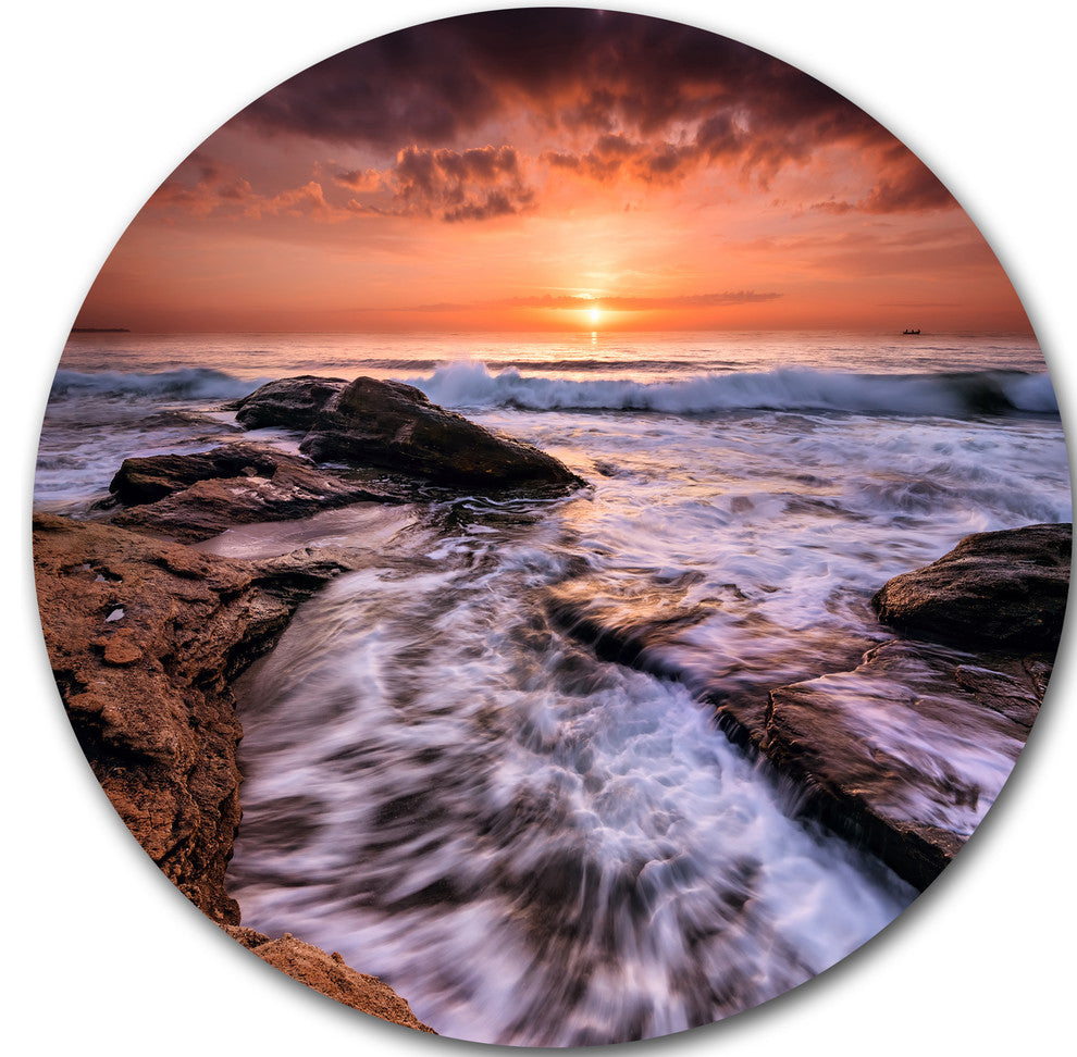 Waves Hitting Rocky Beach Burgas Bay, Seascape Round Wall Art, 11"