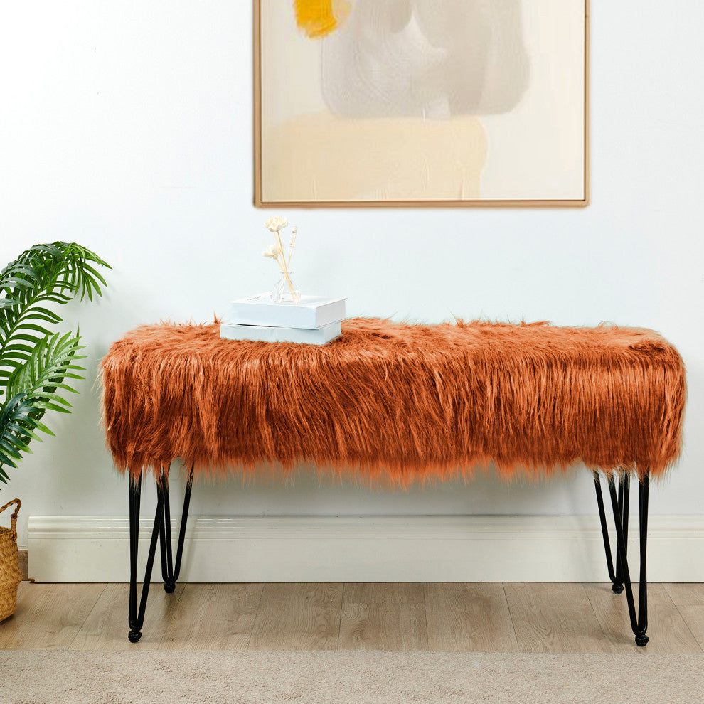 Mongolian Fur Ottoman, Rust, 46"x16"x22"