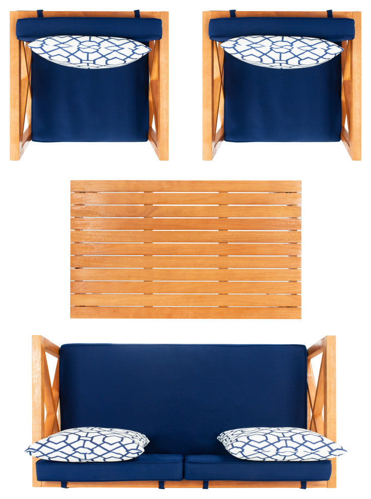 Safavieh Nunzio 4 Piece Indoor-Outdoor Set with Accent Pillows, White/Navy