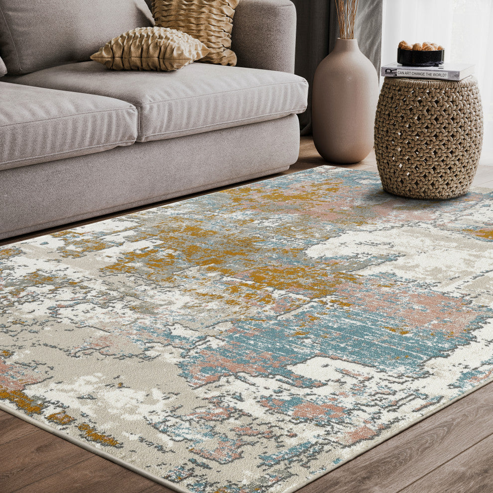 Abani Porto PRT130A Contemporary Distressed Blue and Burnt Orange Area Rug