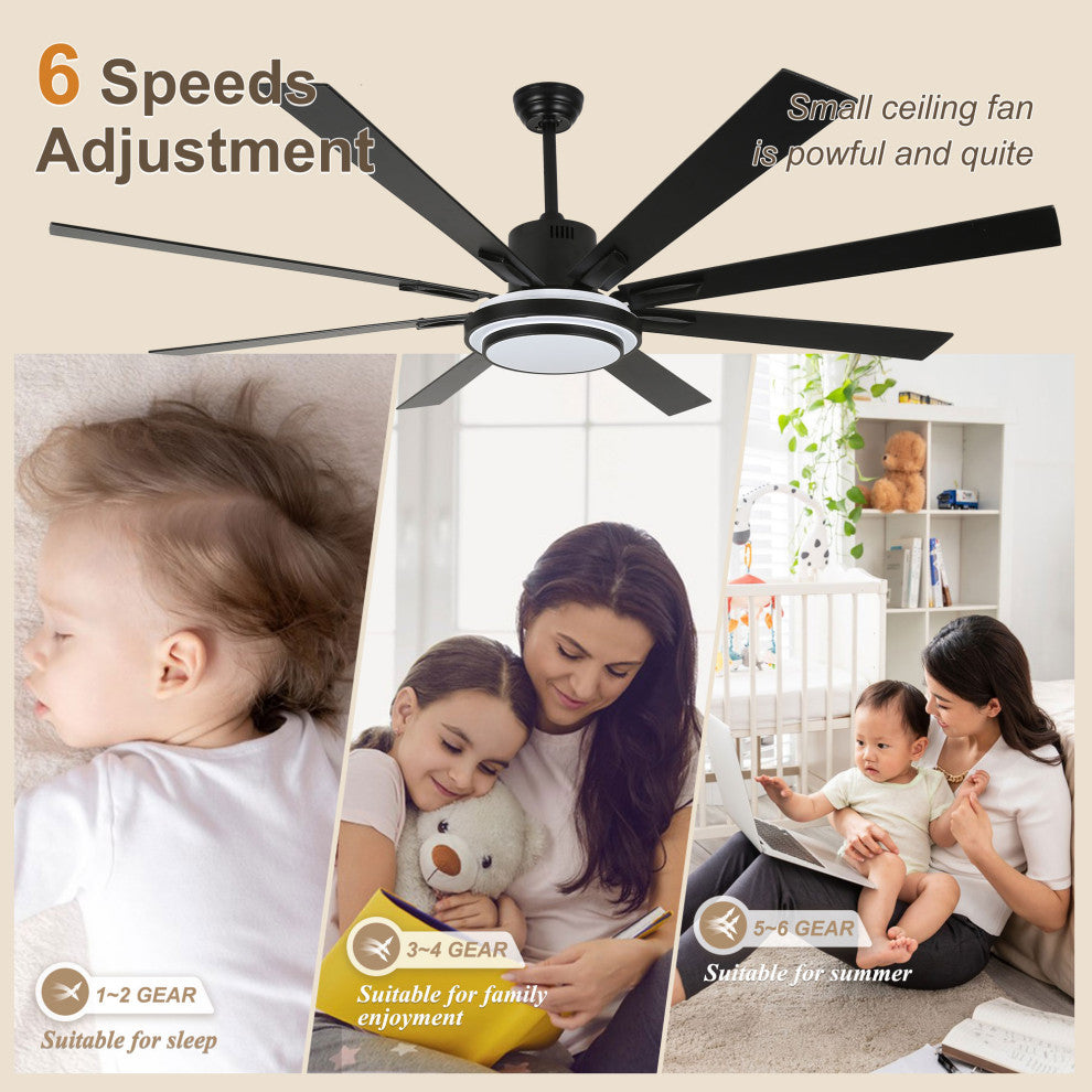72" Modern Ceiling Fan with Reversible Blades, Dimmable Light and Remote, Black, 72"