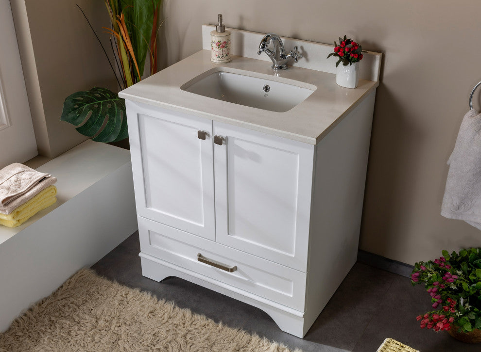 Livia Collection 30" Bath Vanity Quartz Top and Ceramic Sink, White, 30"