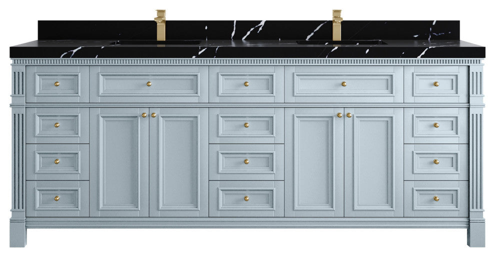 Paris 84" Double Sink Bathroom Vanity, Blue Heather 2" Calacatta Black