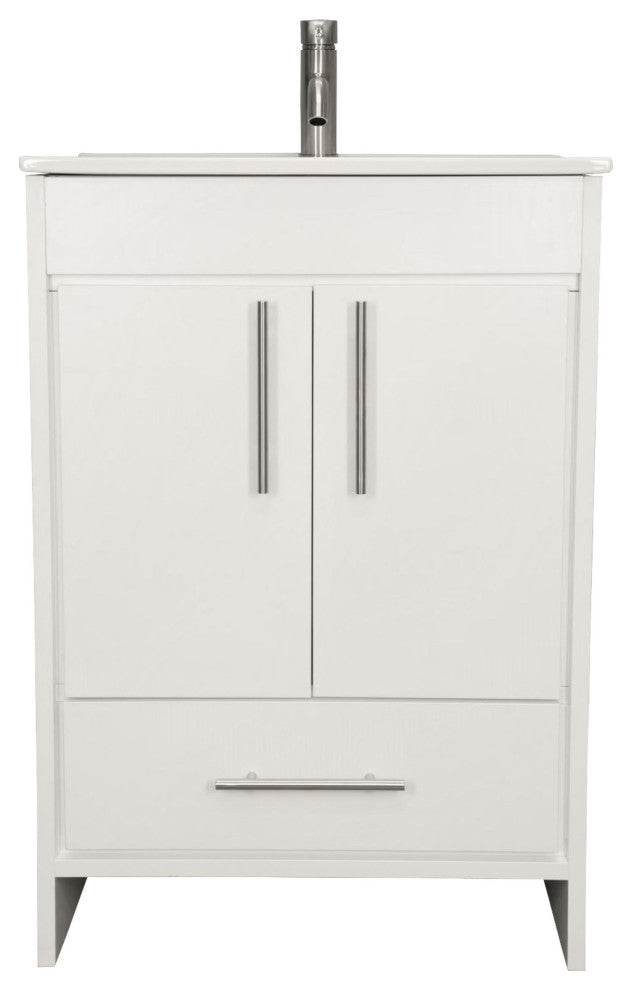 Pacific 24 Bathroom Vanity With Ceramic Top and Brushed Nickel Handles, White