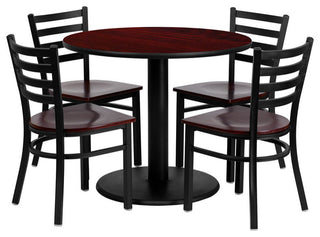 36'' Round Mahogany Dining Laminate Table Set, 4 Ladder Back Metal Chairs