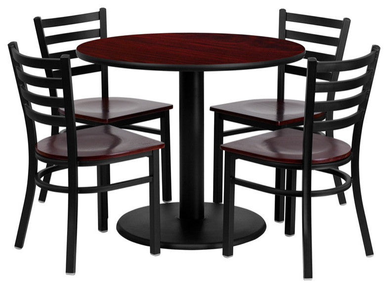 36'' Round Mahogany Dining Laminate Table Set, 4 Ladder Back Metal Chairs