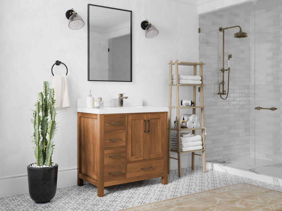 Malibu Teak 36 Right Offset Bath Vanity in Golden Teak 2" White Quartz