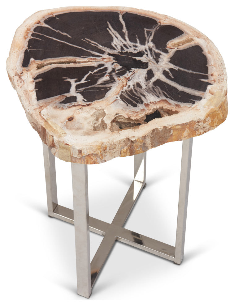 Relique Eliza End Table, Polished Stainless Steel Base, Natural Dark Top