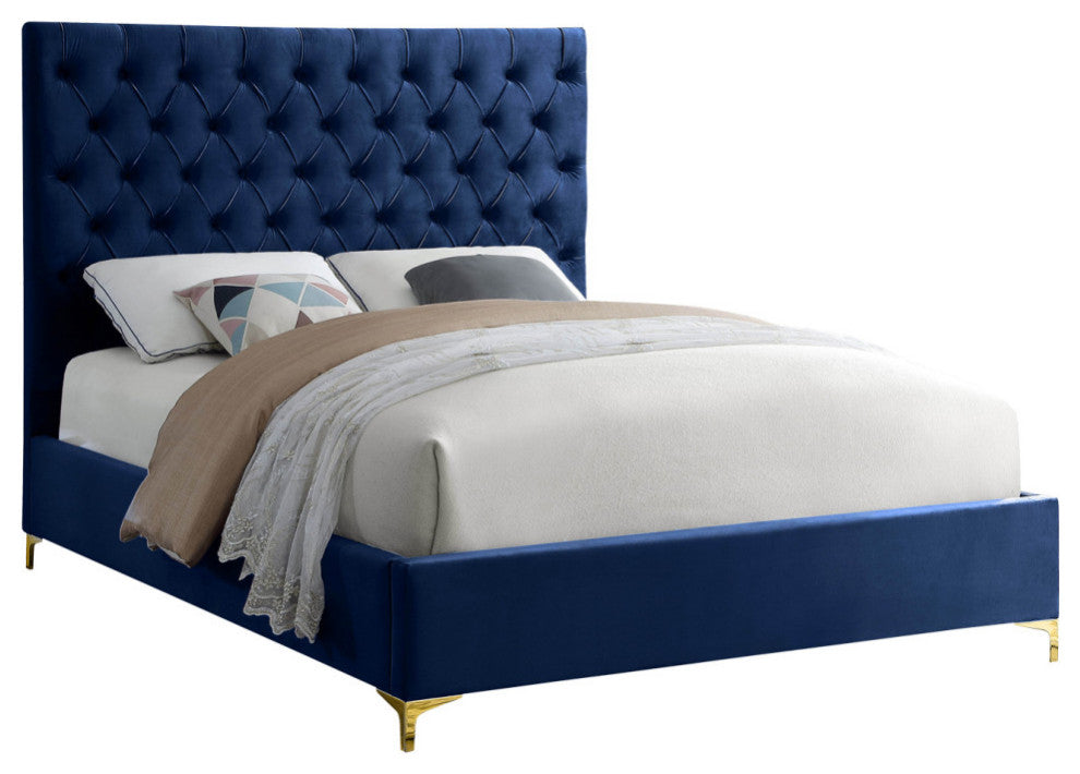 Cruz Velvet Upholstered Bed, Navy, Full