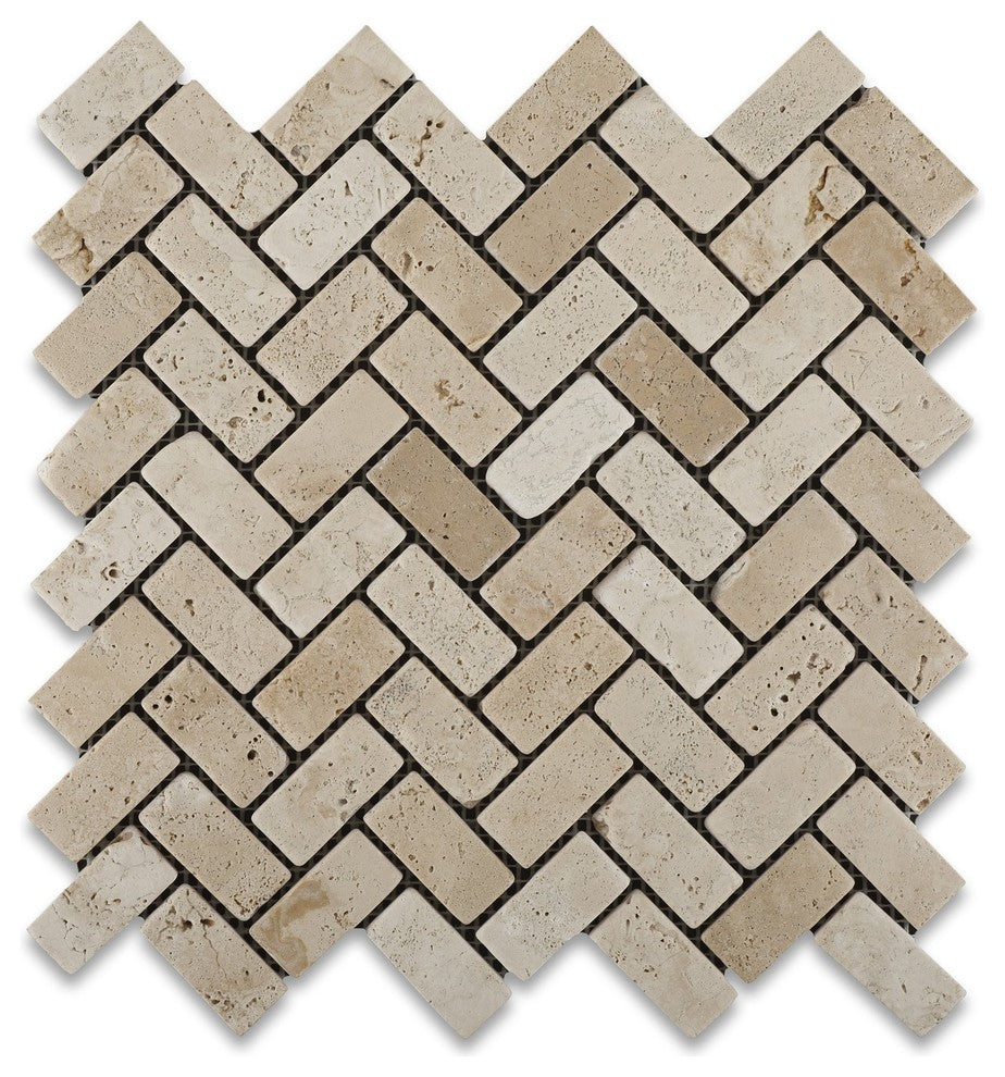 Ivory Travertine Tumbled 1 X 2 Herringbone Mosaic Tile