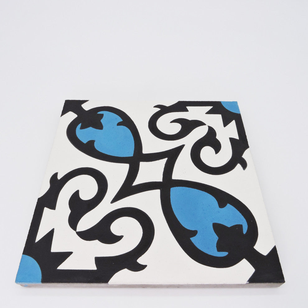 Agadir Handmade Cement Tile, Black/Blue/White, Sample