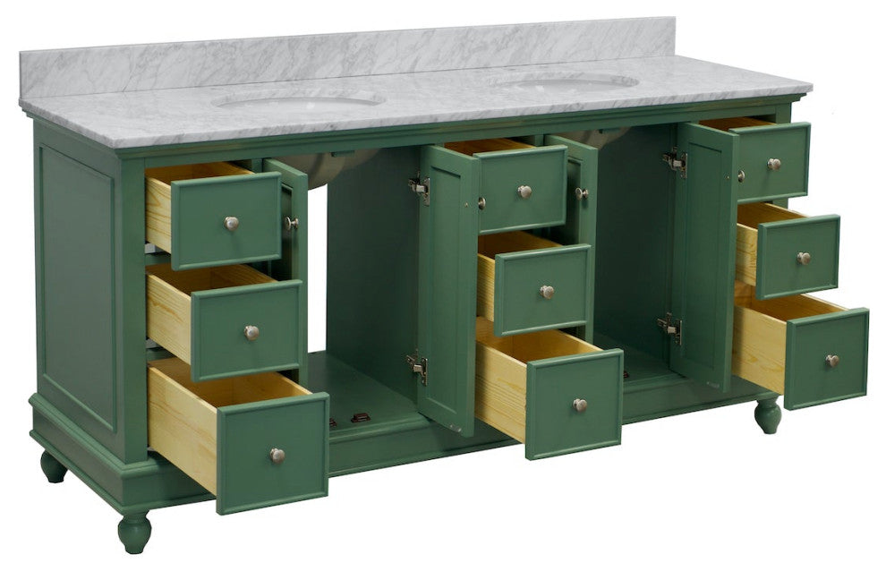 Bella 72" Double Bath Vanity, Base: Sage Green, Top: Carrara Marble