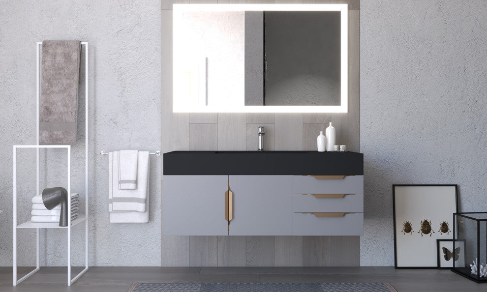 CastelloUSA Amazon 48" Wall Mounted Vanity Set, Gray, Black Top, Gold Handles
