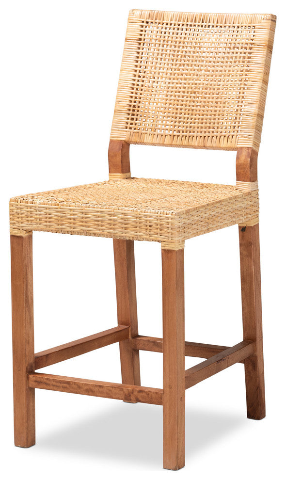 Lesia Bohemian Natural Brown Rattan and Walnut Brown Finished Wood Counter Stool