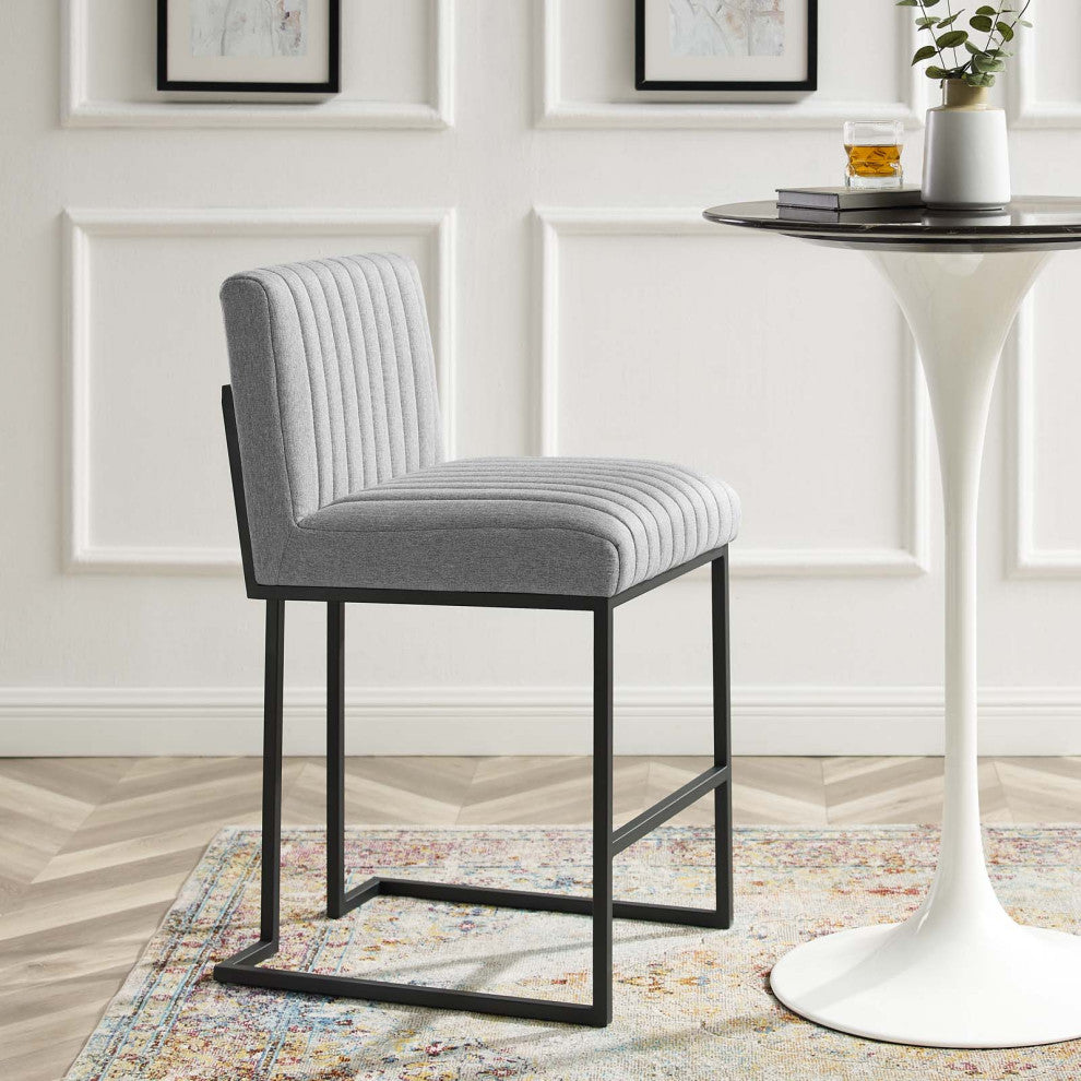 Tufted Counter Stool Chair, Fabric, Metal, Gray, Modern, Bar Pub Bistro