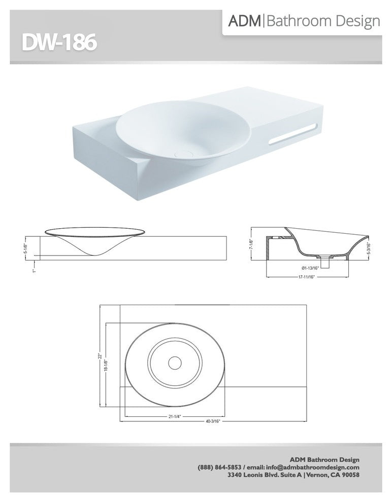 ADM Circular Wall Mounted Sink, White, 40", Matte White