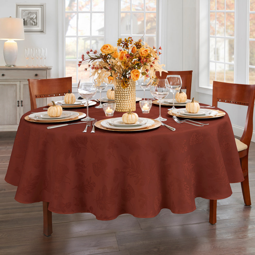 Elegant Woven Leaves Jacquard Damask Tablecloth, Spice Red, 70" Round