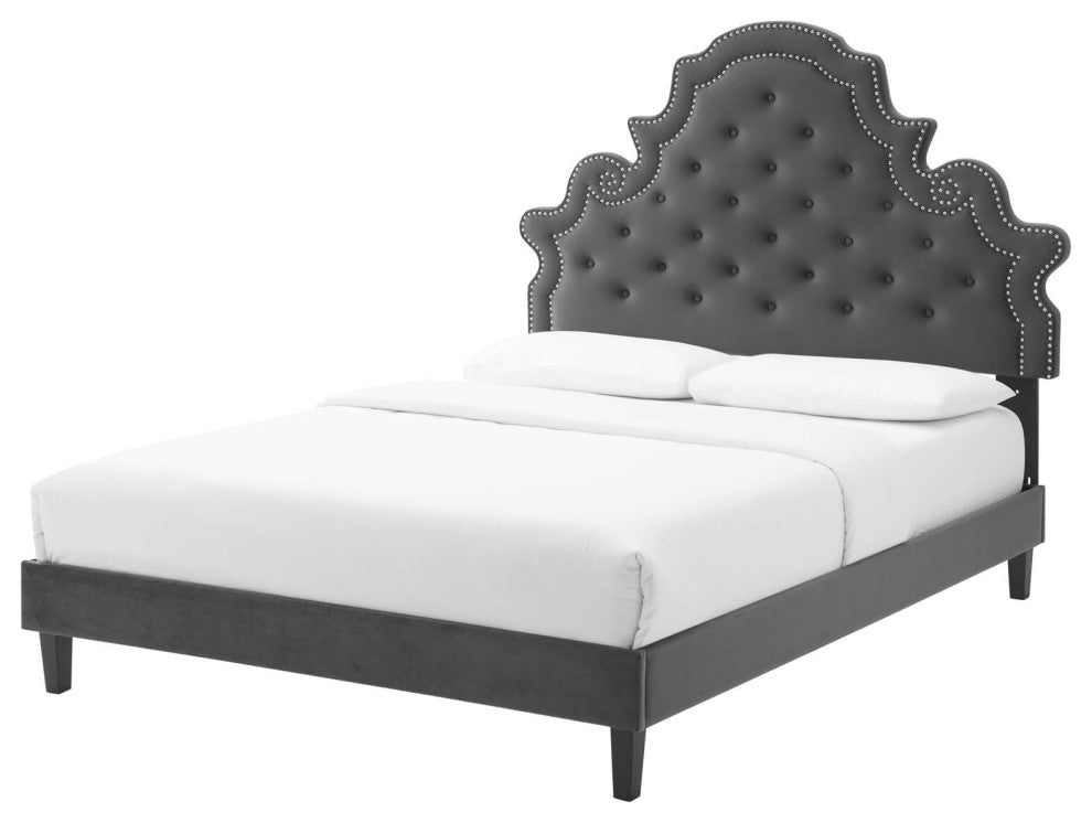 Tufted Platform Bed Frame, King Size, Velvet, Gray, Modern Contemporary