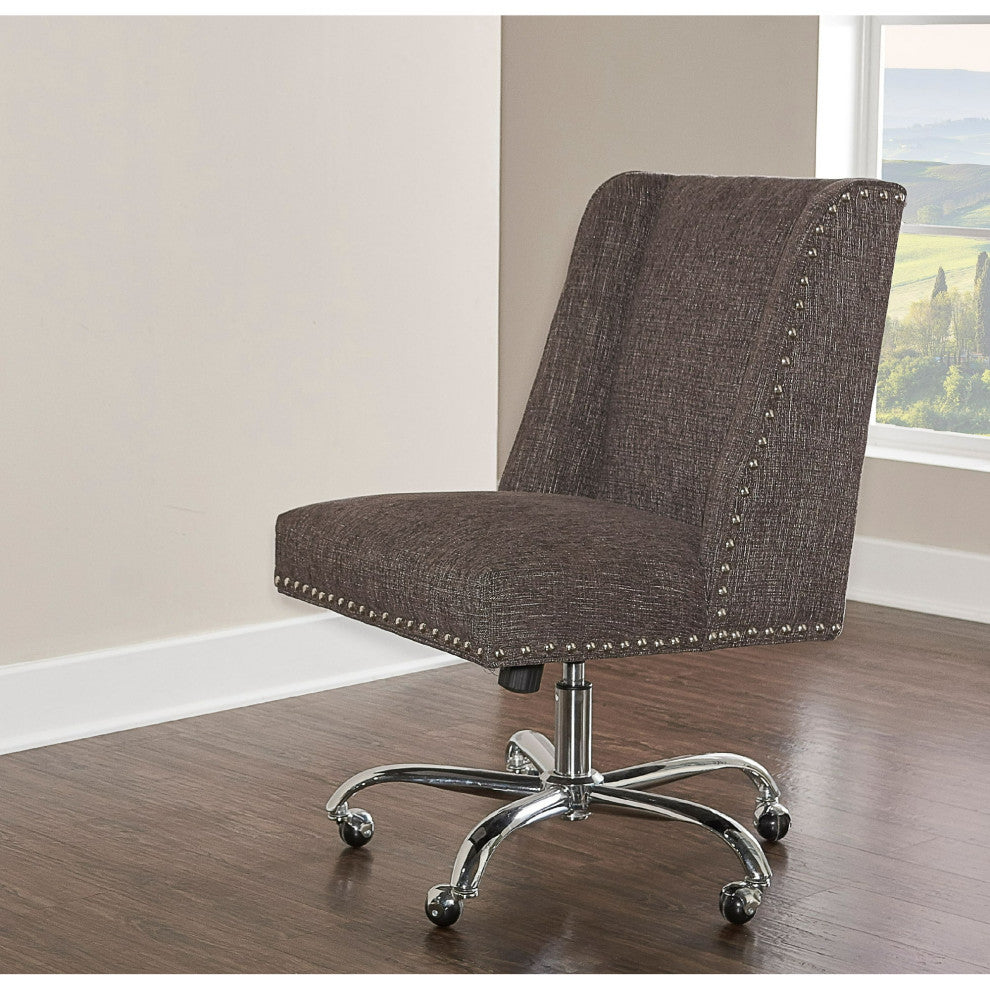Unique Office Chair, Cushioned Seat & Nailhead Trim Accents, Charcoal Fabric