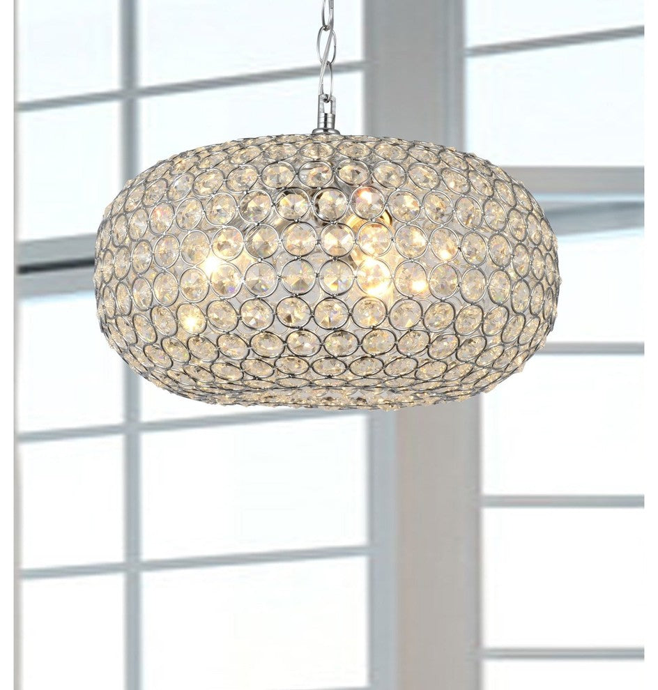 Oval-shaped Crystal and Chrome 3-Light Pendant Chandelier