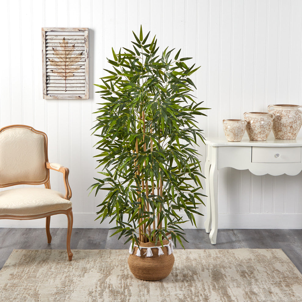 64" Bamboo Faux Tree W/Natural Bamboo Trunks Natural Woven Planter W/Tassels