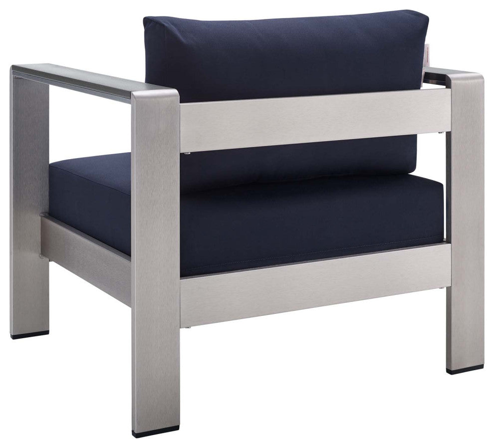 Sectional Sofa Chair Table Set, Sunbrella, Aluminum, Silver Blue Navy, Outdoor