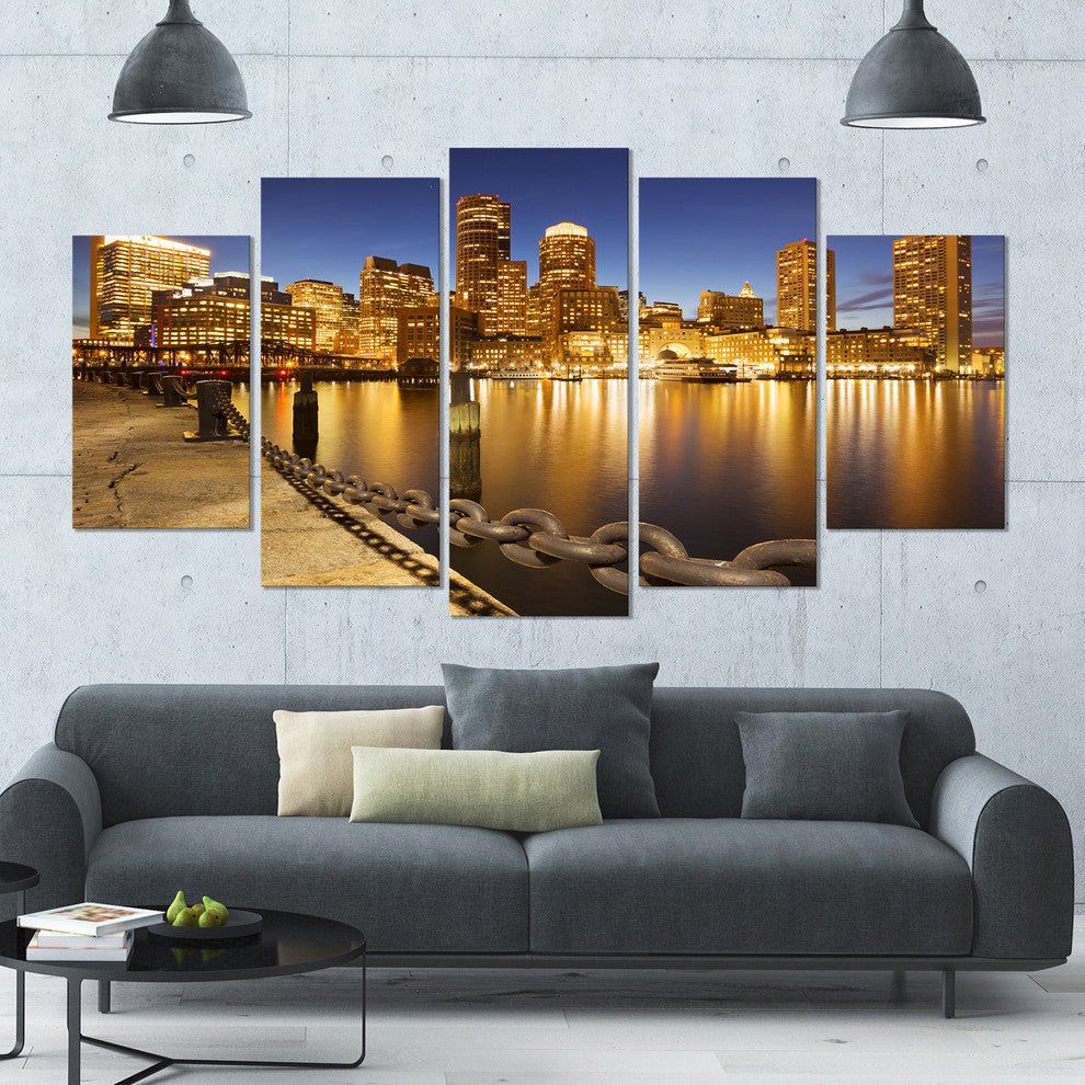 USA Skyline from Fan Pier at Night, Cityscape Canvas Print, 60"x32", 5 Panels