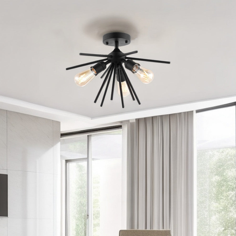 3-Light Sputnik Semi-Flush Mount Ceiling Light, Black