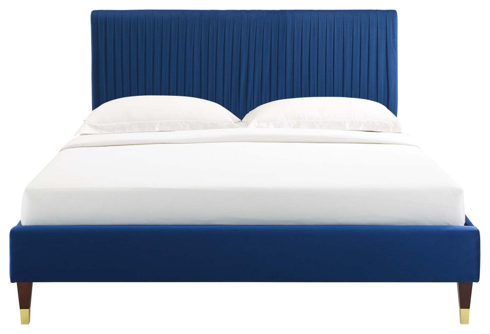 Platform Bed Frame, Twin Size, Velvet, Blue Navy, Modern Contemporary, Bedroom